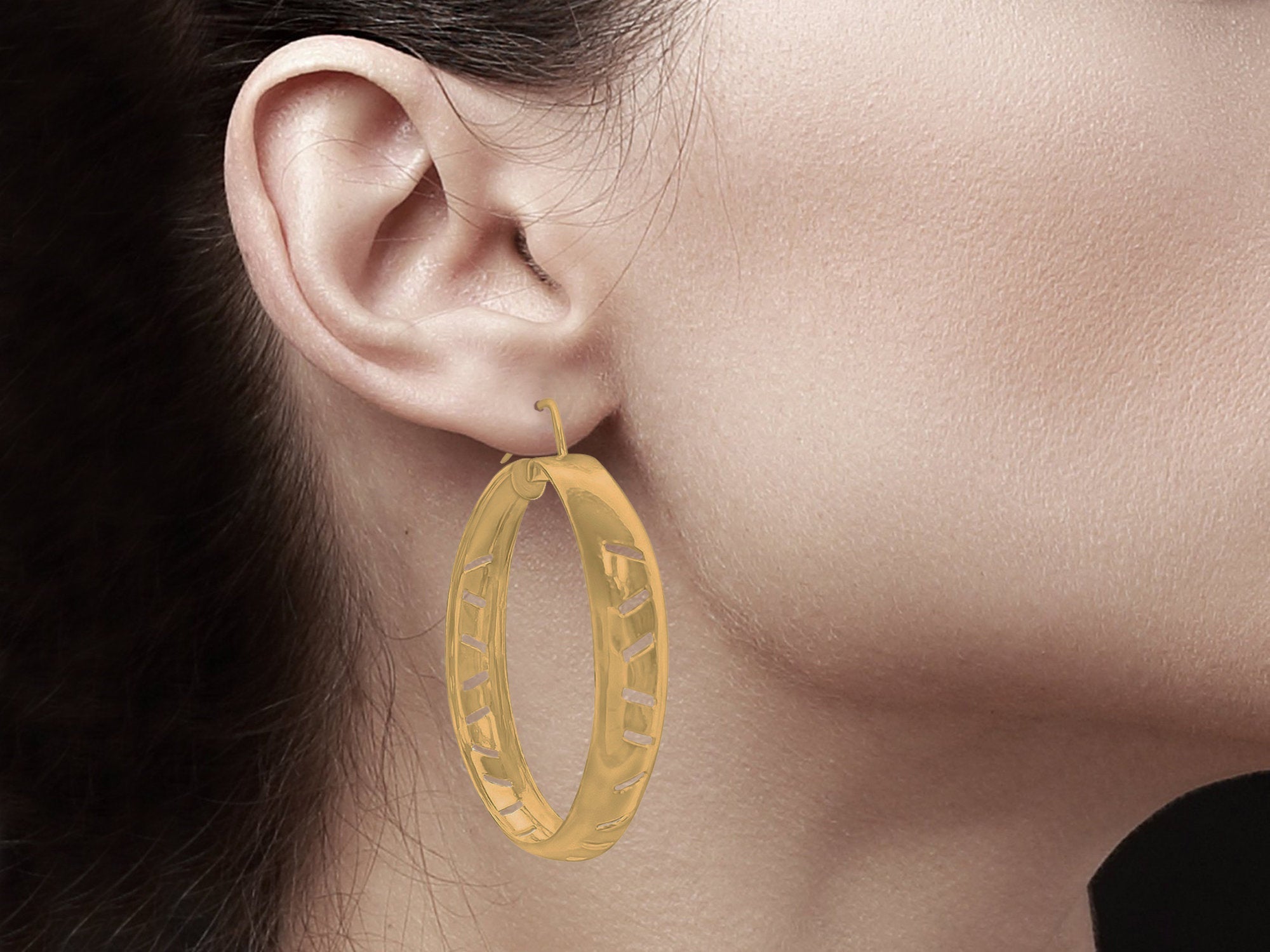 37MM Wide Curved Gold Hoops with Cuts 14k Yellow Gold