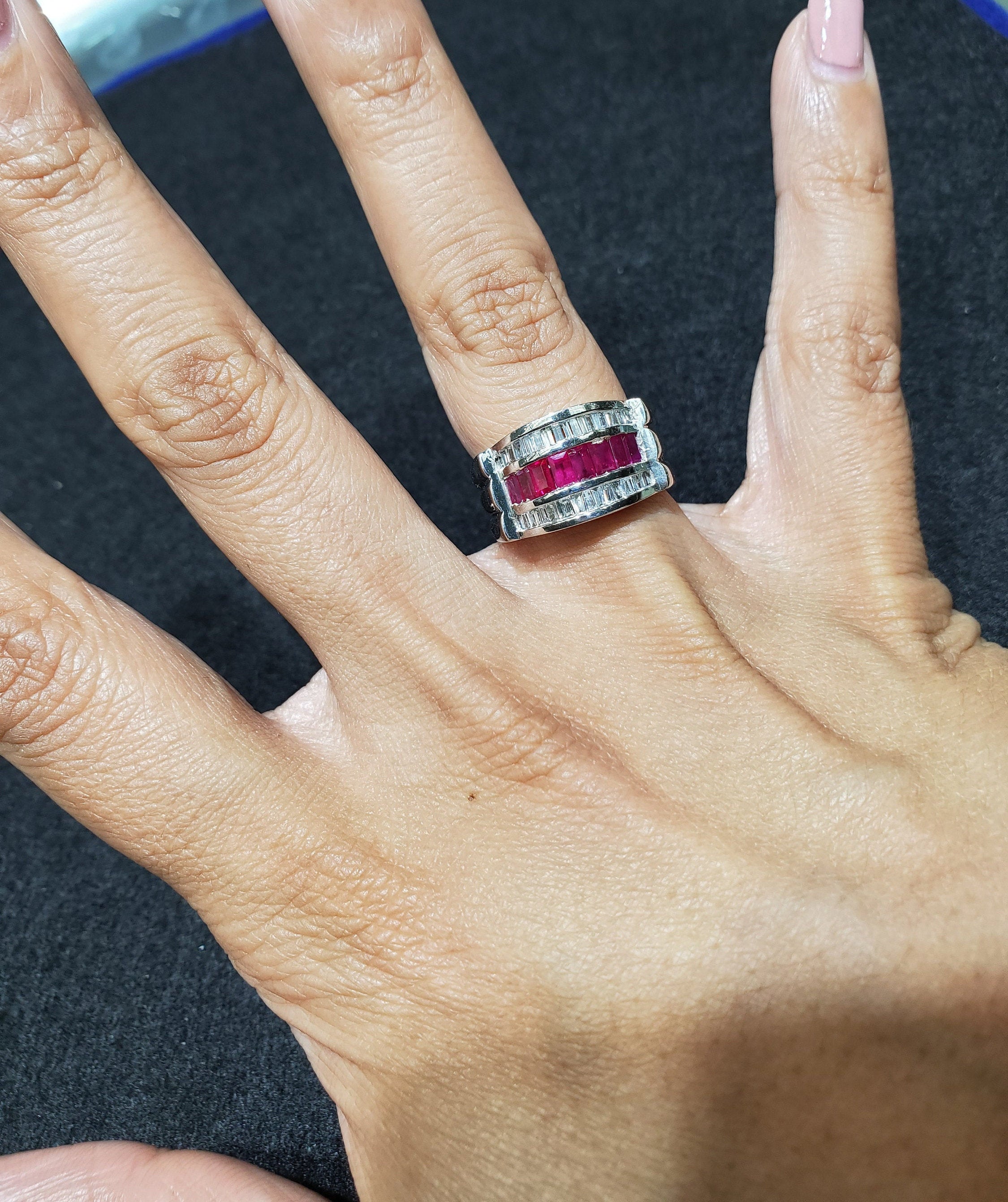 Ruby & Diamond Baguette Cocktail Ring 1.00cttw 14k White Gold