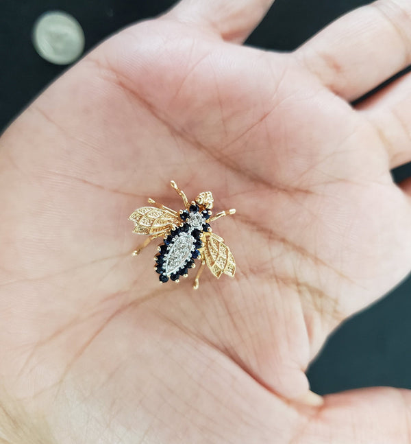 Sapphire Diamond or Emerald Diamond Bee Brooch .90cttw 14K Yellow Gold