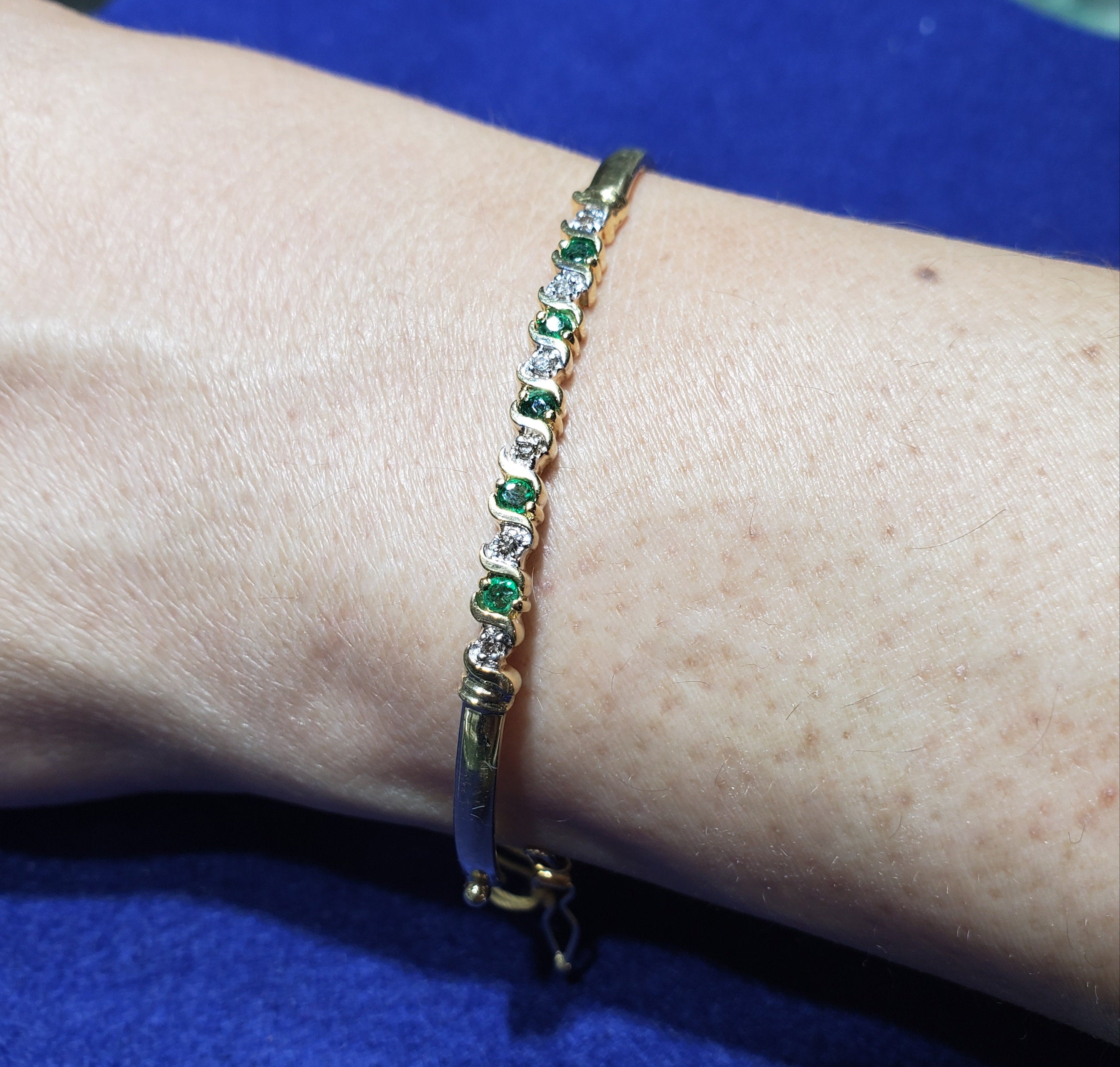 S Style Emerald Diamond Bangle .50cttw 14K Yellow Gold