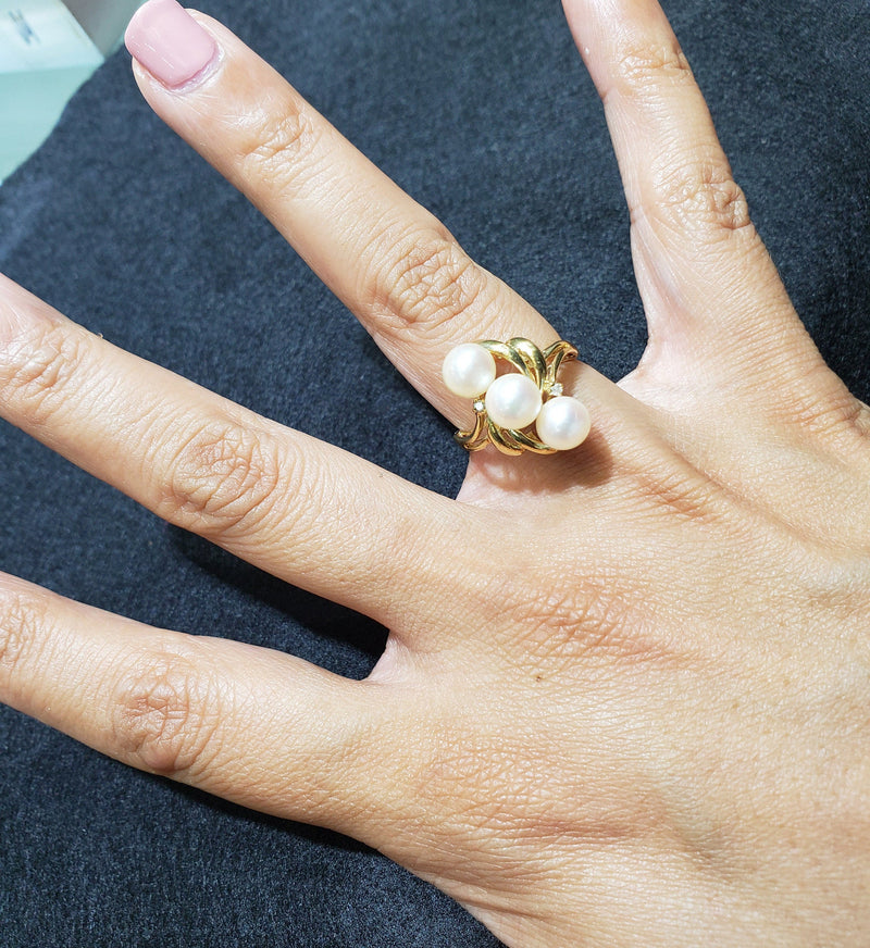 7MM Pearl Ring with Diamonds 14k Yellow Gold