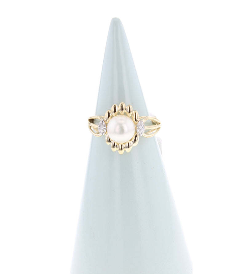 Solitaire Pearl Diamond Ring 10k Yellow Gold