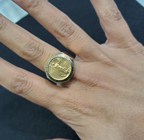 22K Fine Gold 1/10OZ Liberty Coin Ring with Fluted Bezel 14k Yellow Gold