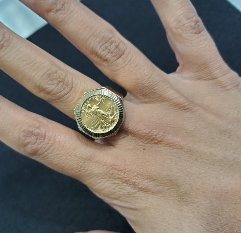 22K Fine Gold 1/10OZ Liberty Coin Ring with Fluted Bezel 14k Yellow Gold