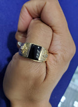 Onyx Diamond Signet with Cross Symbol on Band 14k Yellow Gold