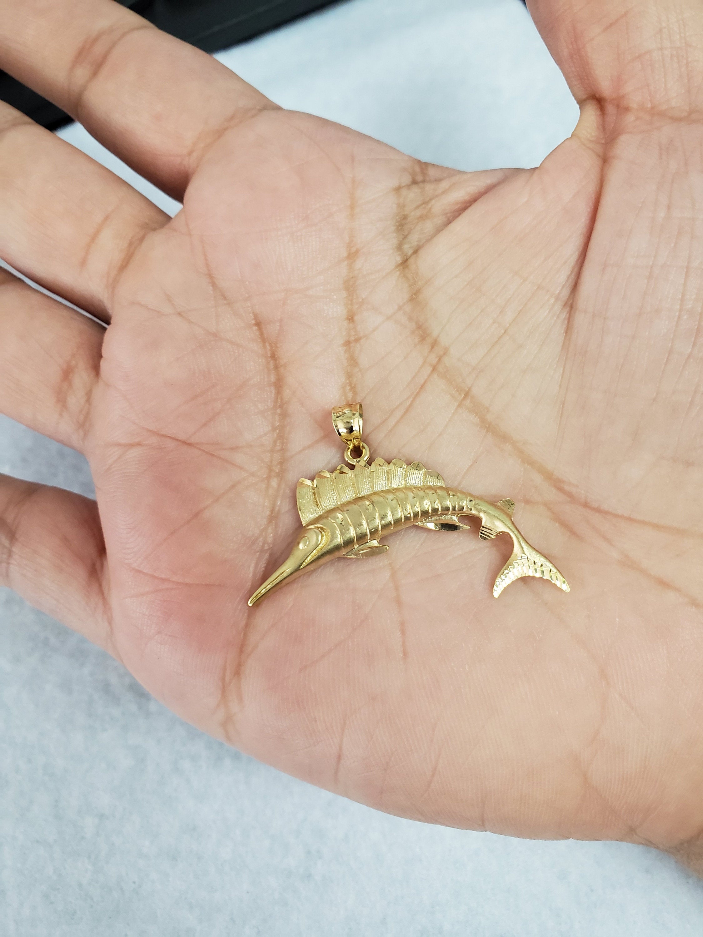 Marlin with Diamond Cuts Charm/Pendant 14k Yellow Gold