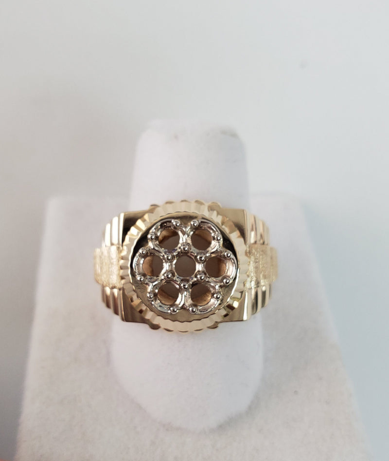Presidential Rolex Style Cluster Ring Bark center & Polished Sides 14k Yellow Gold