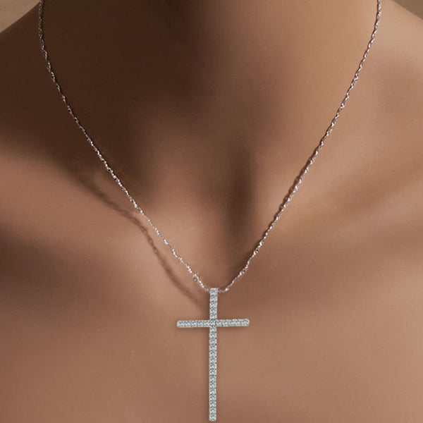 Tall Skinny Diamond Cross Pendant .97cttw 14k White Gold