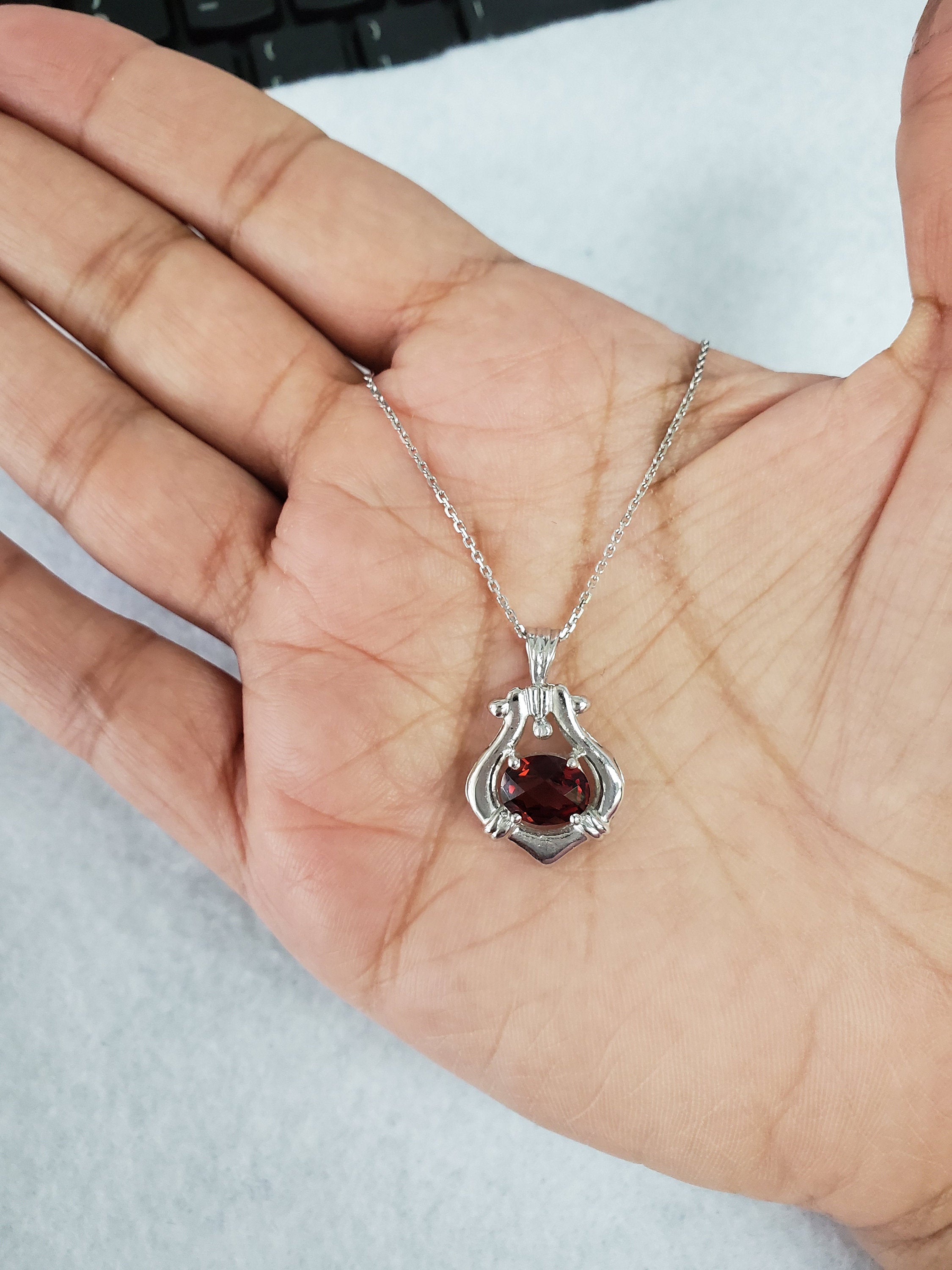 Vintage Style Oval Garnet Pendant 14k White Gold