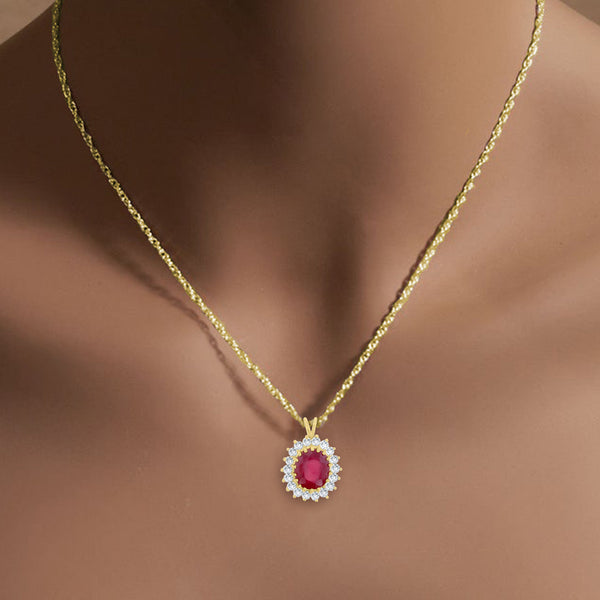 7 Carat Treated Oval Ruby Diamond Halo Necklace 14k Yellow Gold