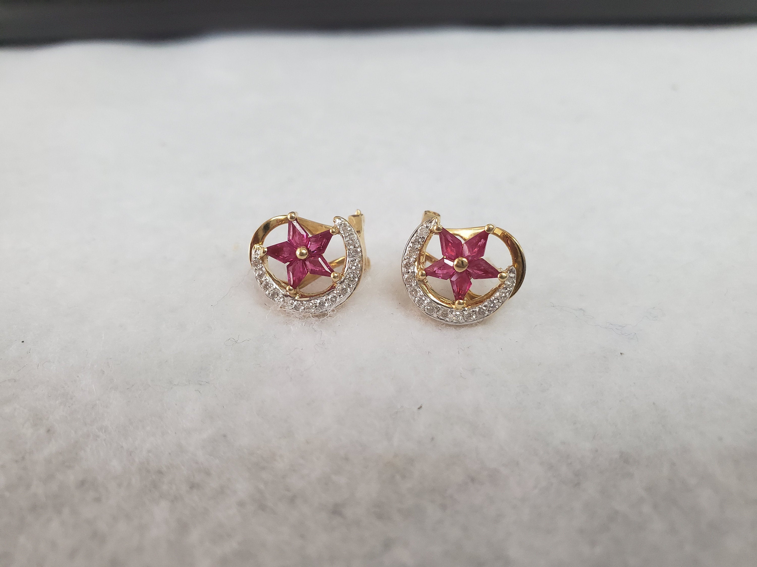 Star & Crescent Moon Ruby Diamond Earrings 1.14cttw 14k Yellow Gold