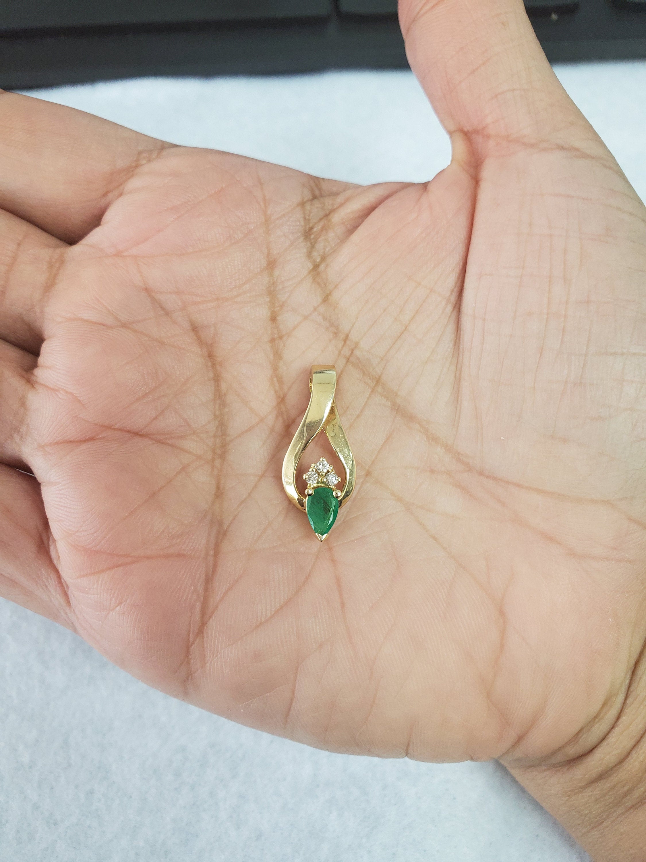 Pear Shaped Diamond Emerald Pendant .41cttw 14k Yellow Gold