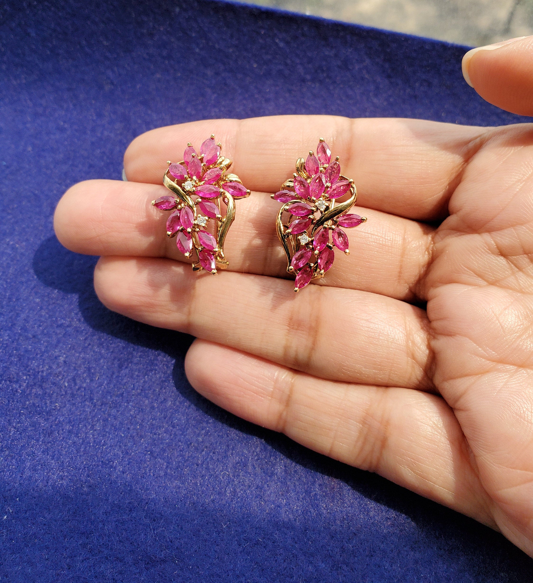 Stunning Cluster Floral Ruby Earrings 14k Yellow Gold