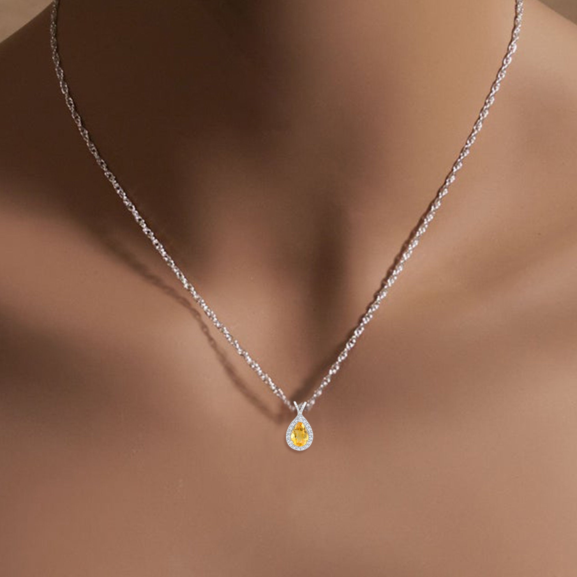 Pear Shaped Dainty Teardrop Citrine Diamond Pendant 1.55cttw 14k White Gold