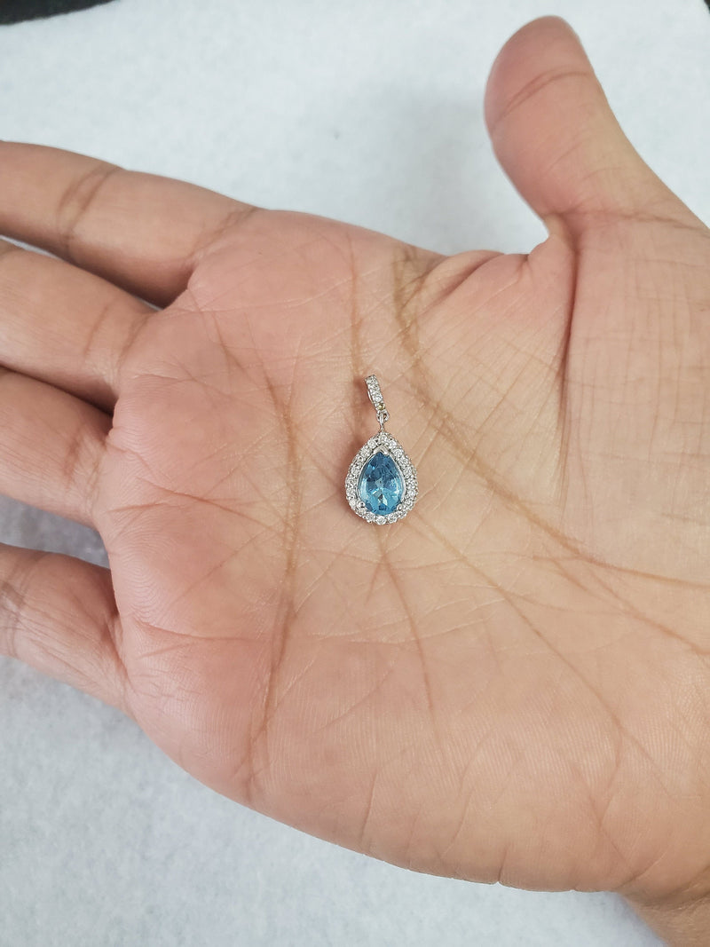 Stunning Ocean Blue Topaz Teardrop Diamond Pendant .37cttw 14k White Gold