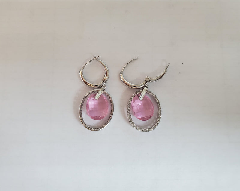 Pink Quartz Diamond Dangling Drop Earrings 9.85cttw 14k White Gold