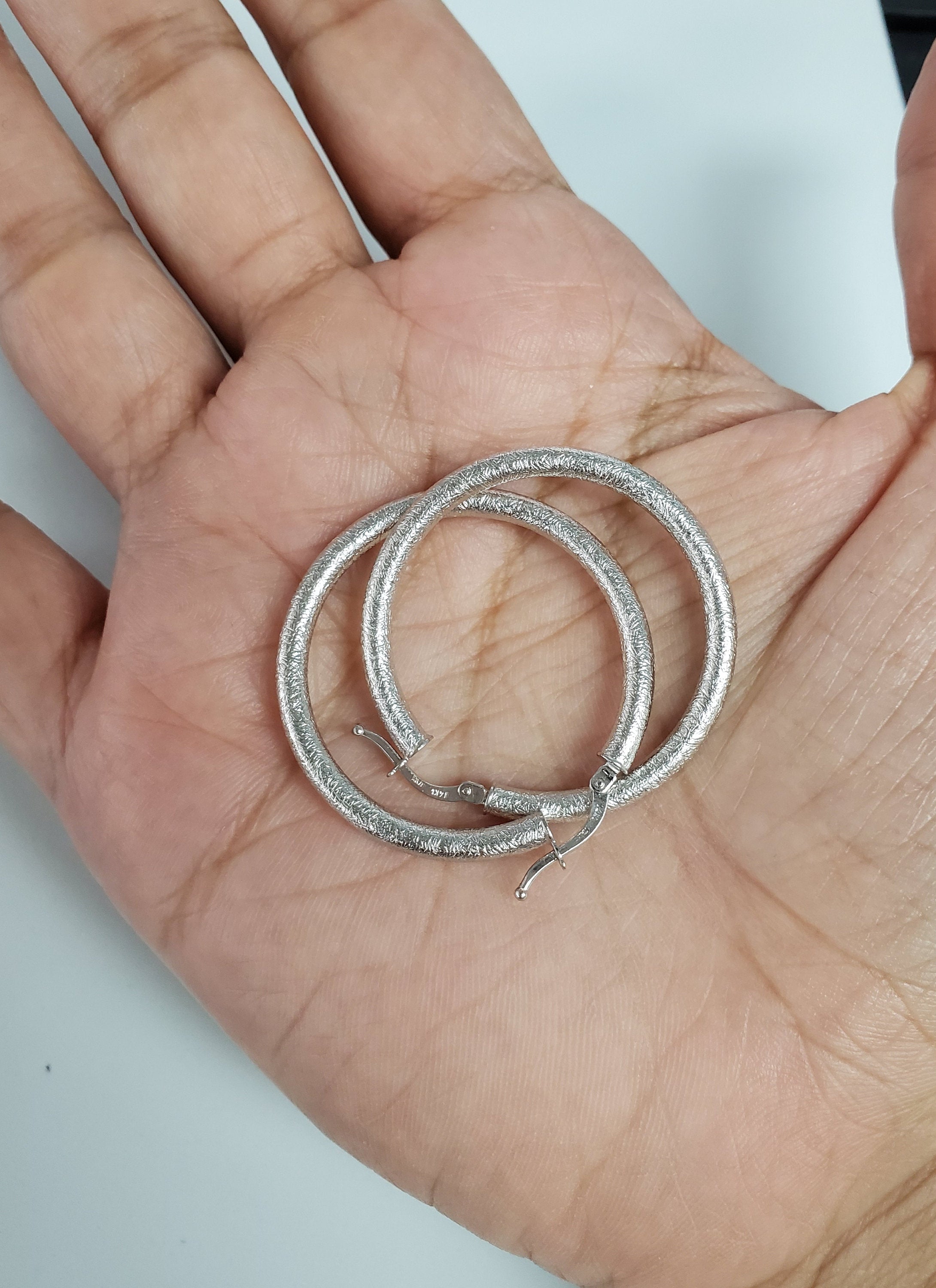 Sand Textured 14K White Gold Hoops 34mm or 40mm