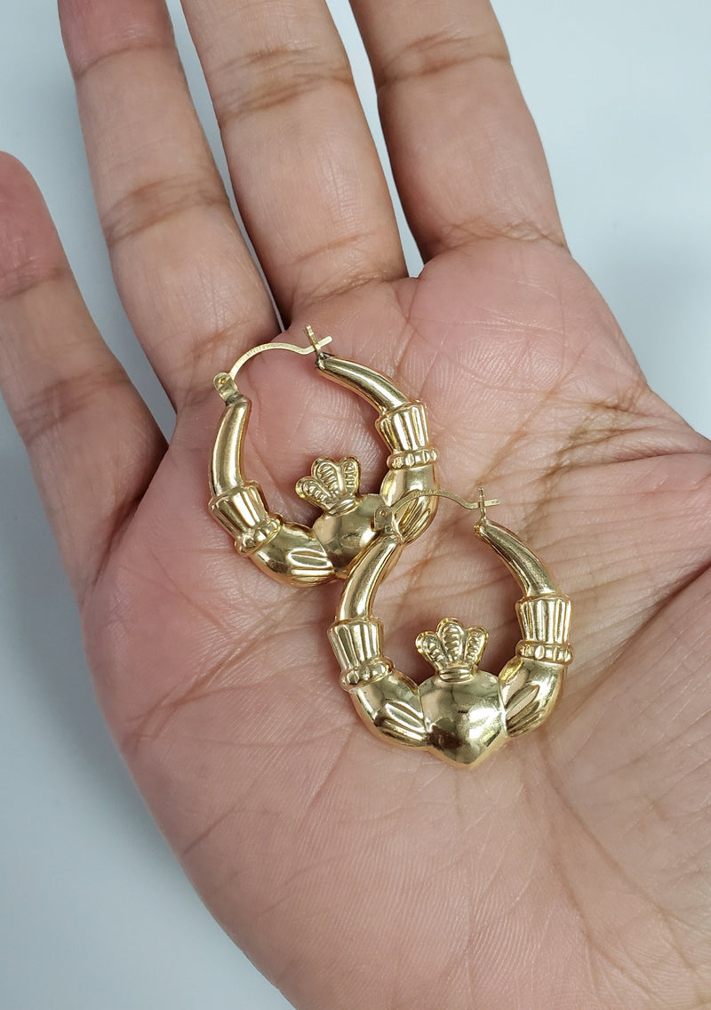 Polished & Satin Claddagh Hoops 14k Yellow Gold
