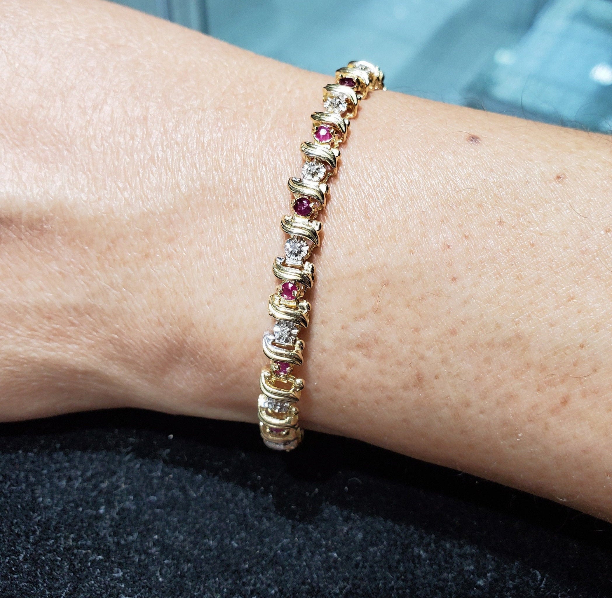 S Style Diamond & Ruby Tennis Bracelet 2.00cttw 14k Yellow Gold