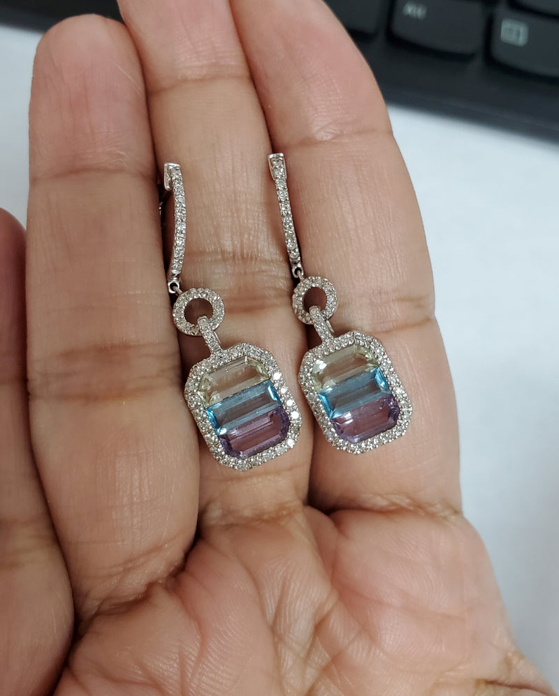 Lavender Quartz, Pink Amethyst & Blue Topaz Diamond Drop Earrings 5.36cttw 14k White Gold