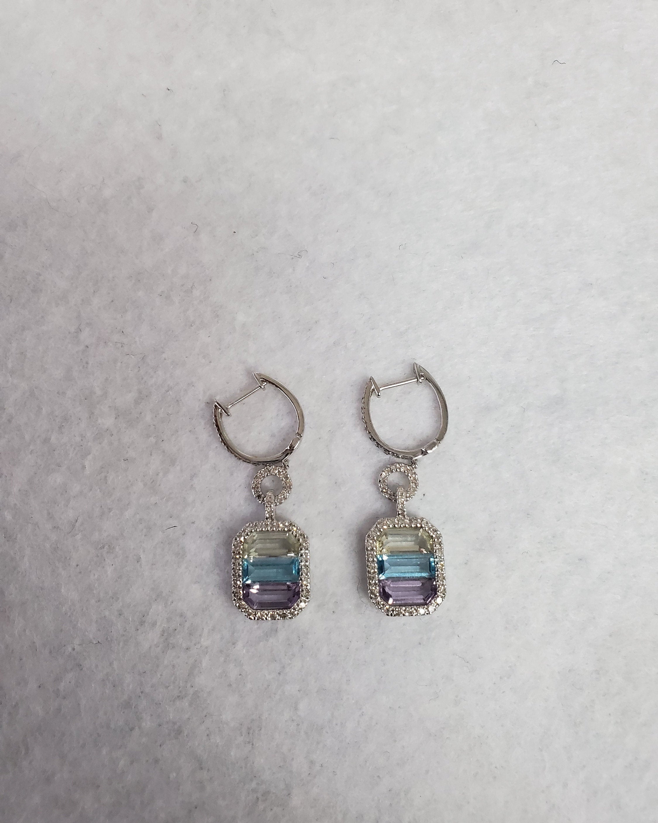 Lavender Quartz, Pink Amethyst & Blue Topaz Diamond Drop Earrings 5.36cttw 14k White Gold