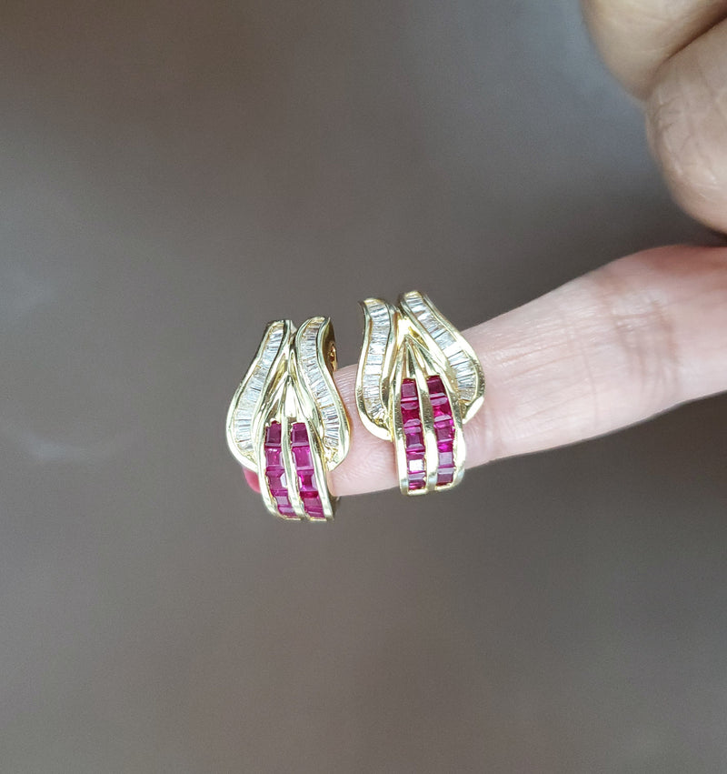 Ruby & Baguette Diamond Earrings 2.35cttw 14k Yellow Gold
