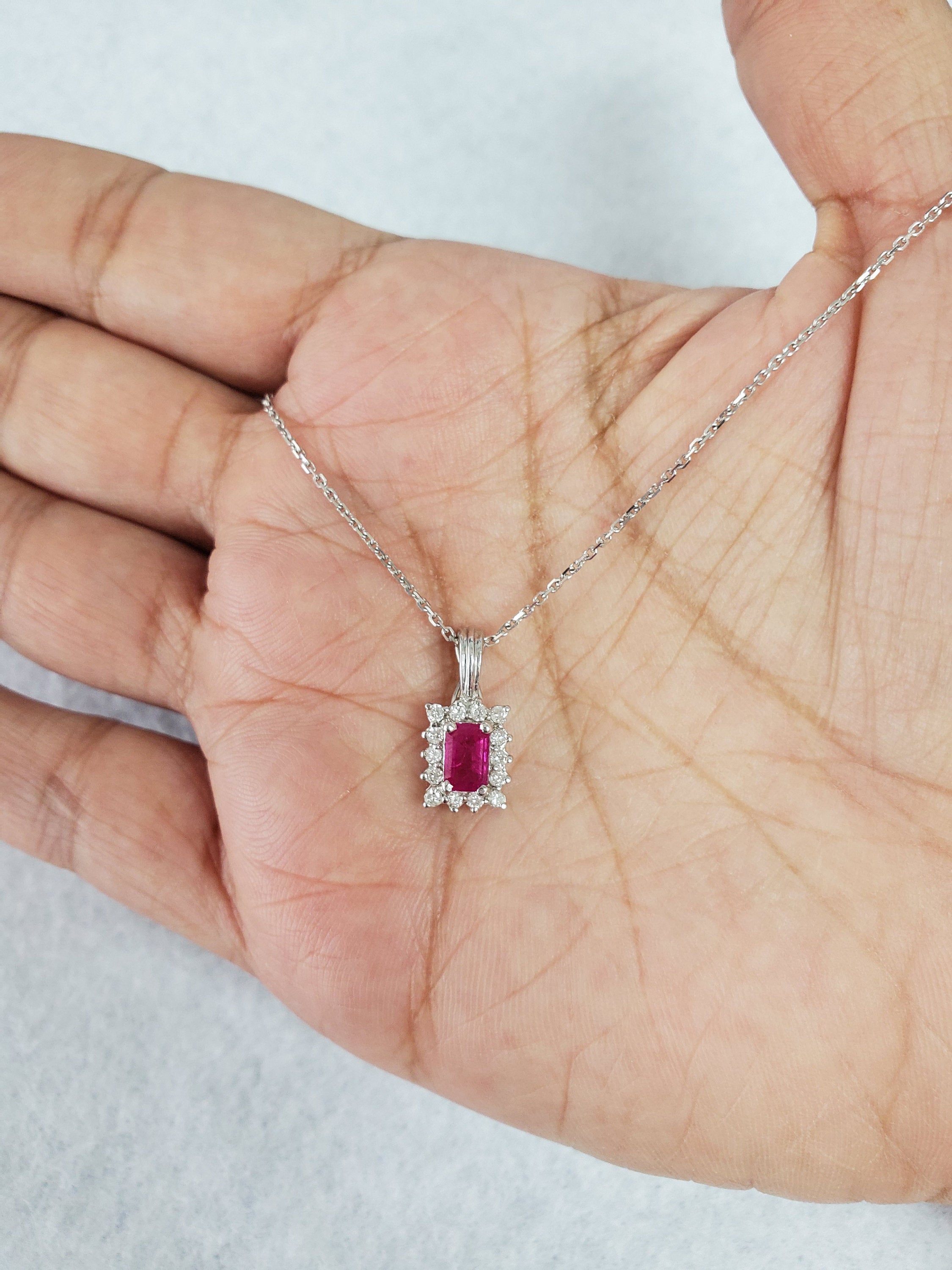 Ruby & Diamond Halo Pendant .87cttw 14k White Gold