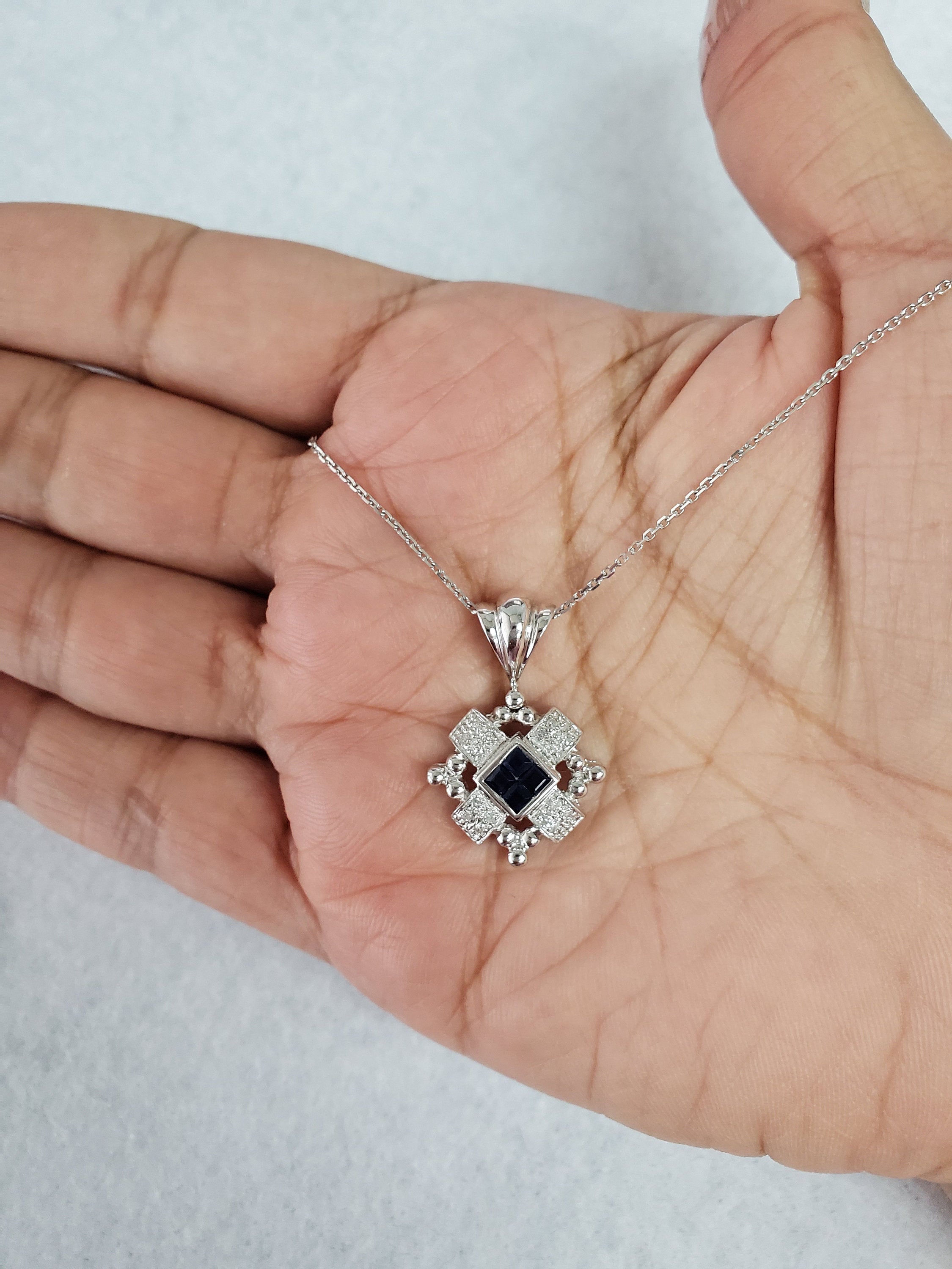 Sapphire Diamond Pendant .56cttw 14k White Gold