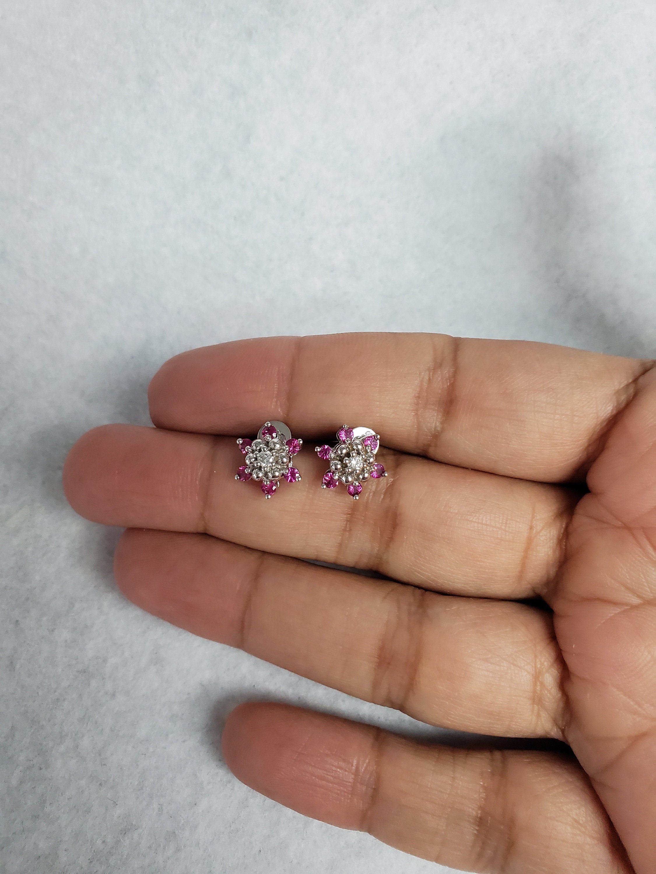 Pink Sapphire Diamond Flower Earrings .61cttw 14k White Gold