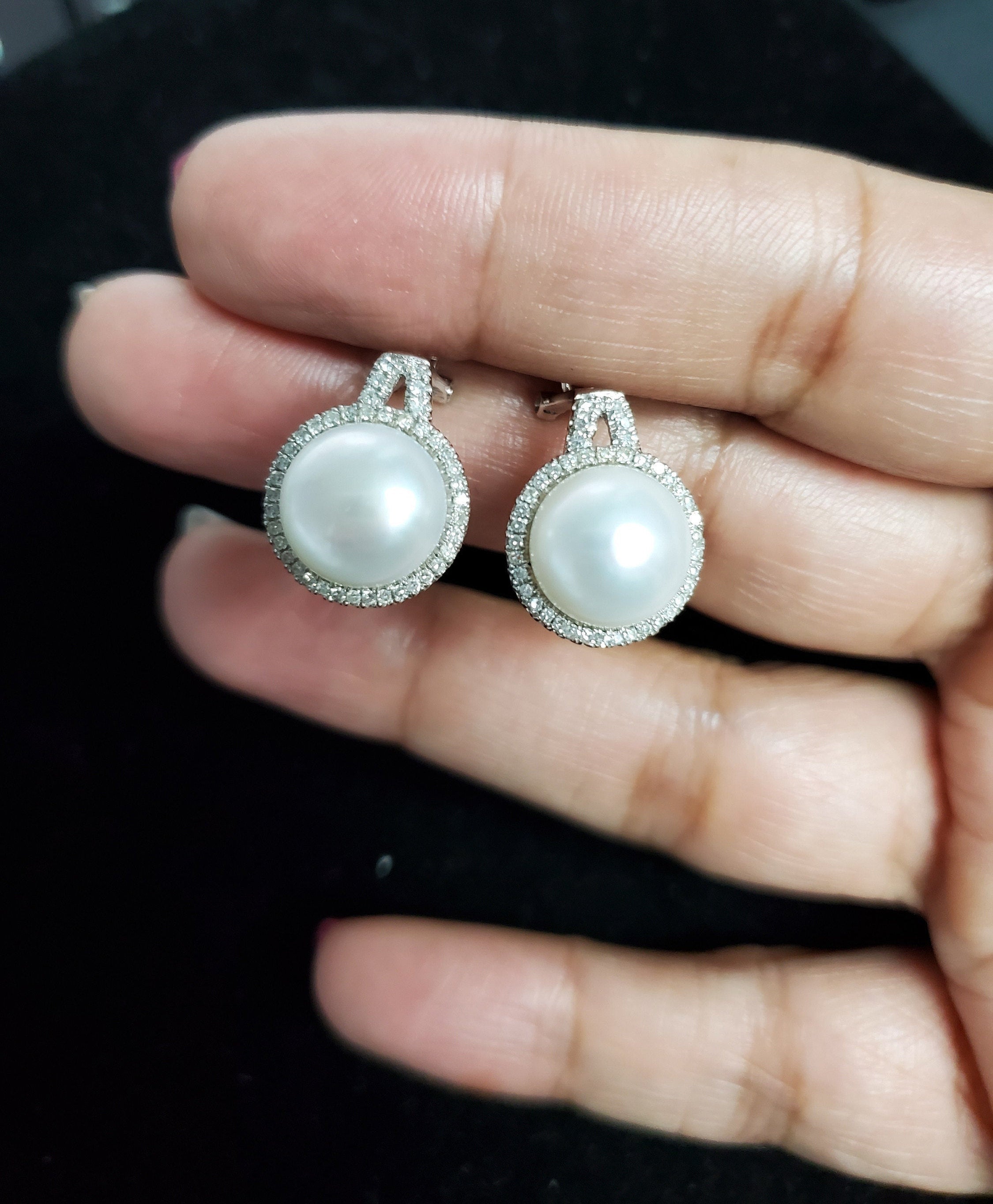 Freshwater Pearl Diamond Halo Earrings .40cttw 14k White Gold