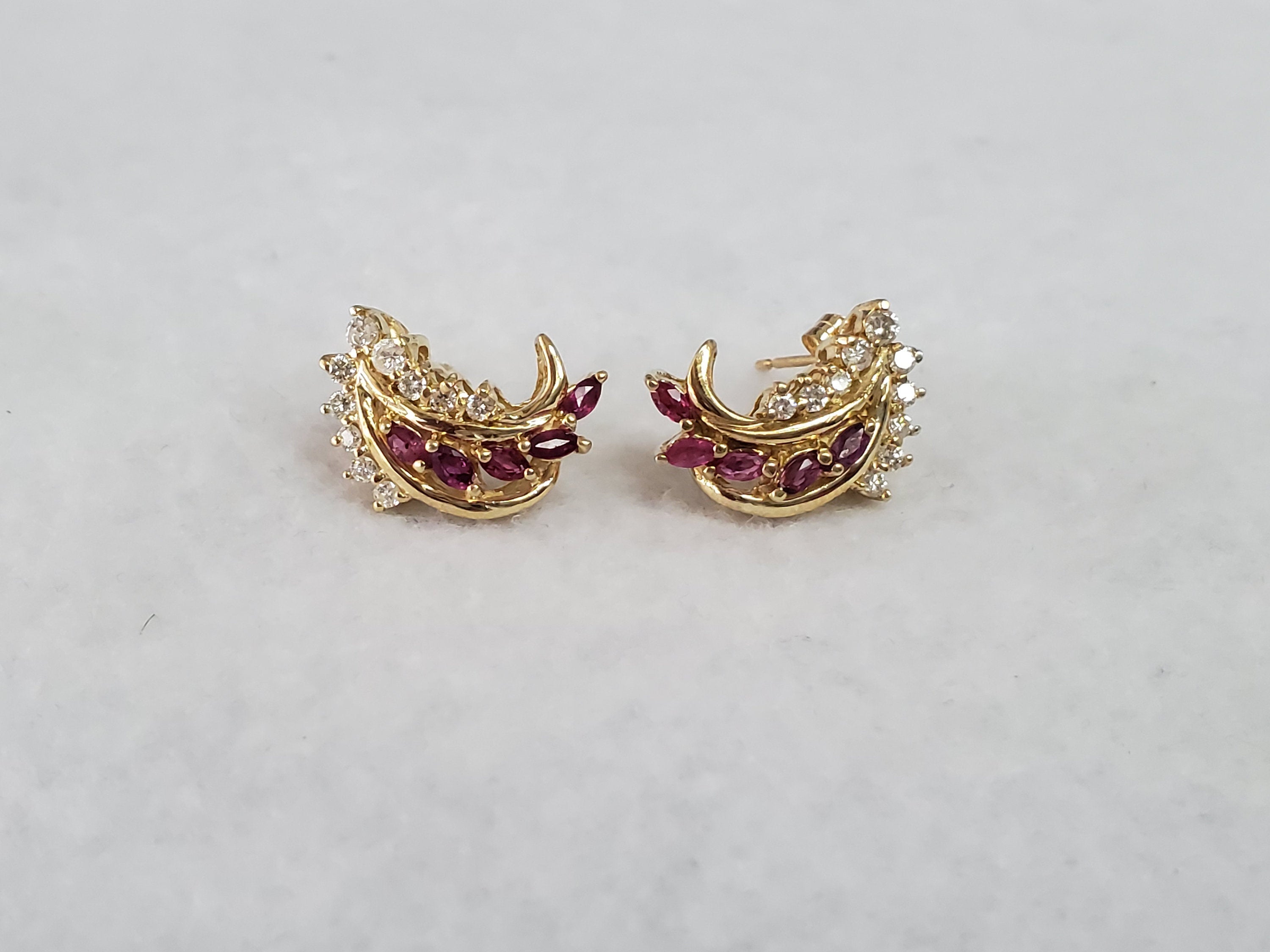 Antique Vintage Ruby Diamond Earrings 14k Yellow Gold