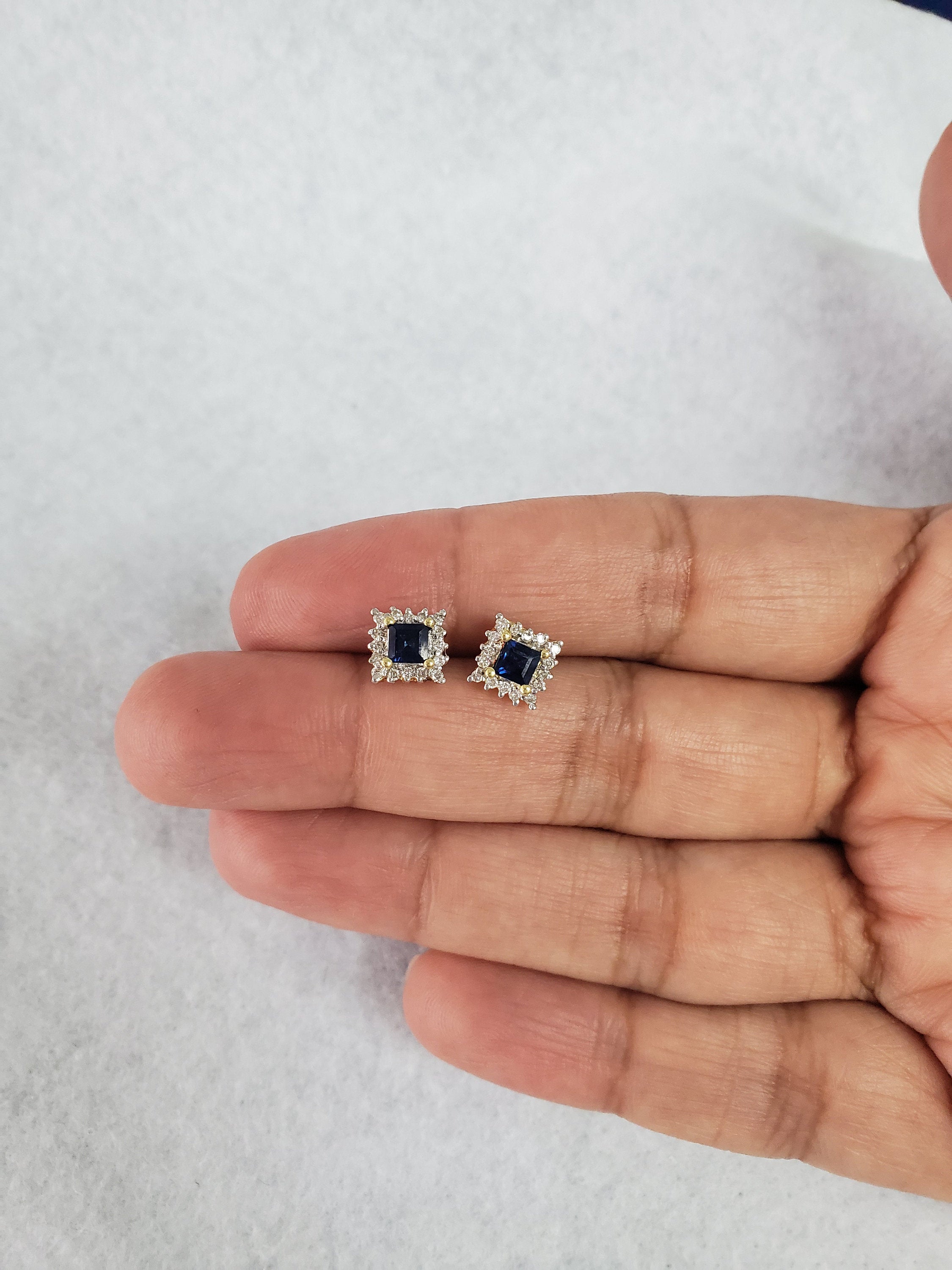 Sapphire Diamond Square Halo Studs - 1.00cttw - 14k Yellow Gold