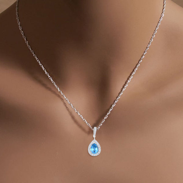 Stunning Ocean Blue Topaz Teardrop Diamond Pendant .37cttw 14k White Gold