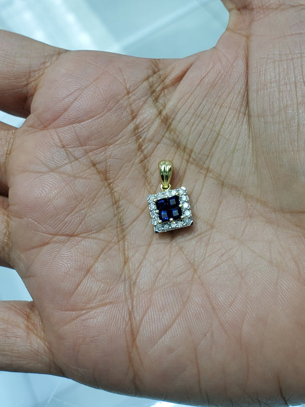 Sapphire Diamond Square Pendant  0.95cttw - 14k Yellow Gold