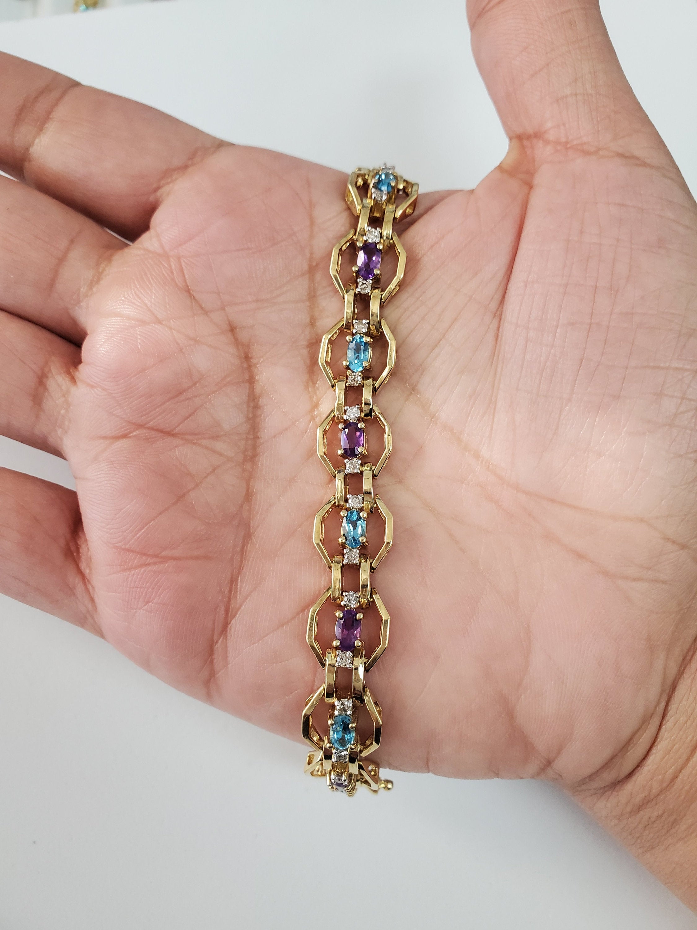 Diamond, Amethyst & Blue Topaz Tennis Bracelet 7.28cttw 14k Yellow Gold