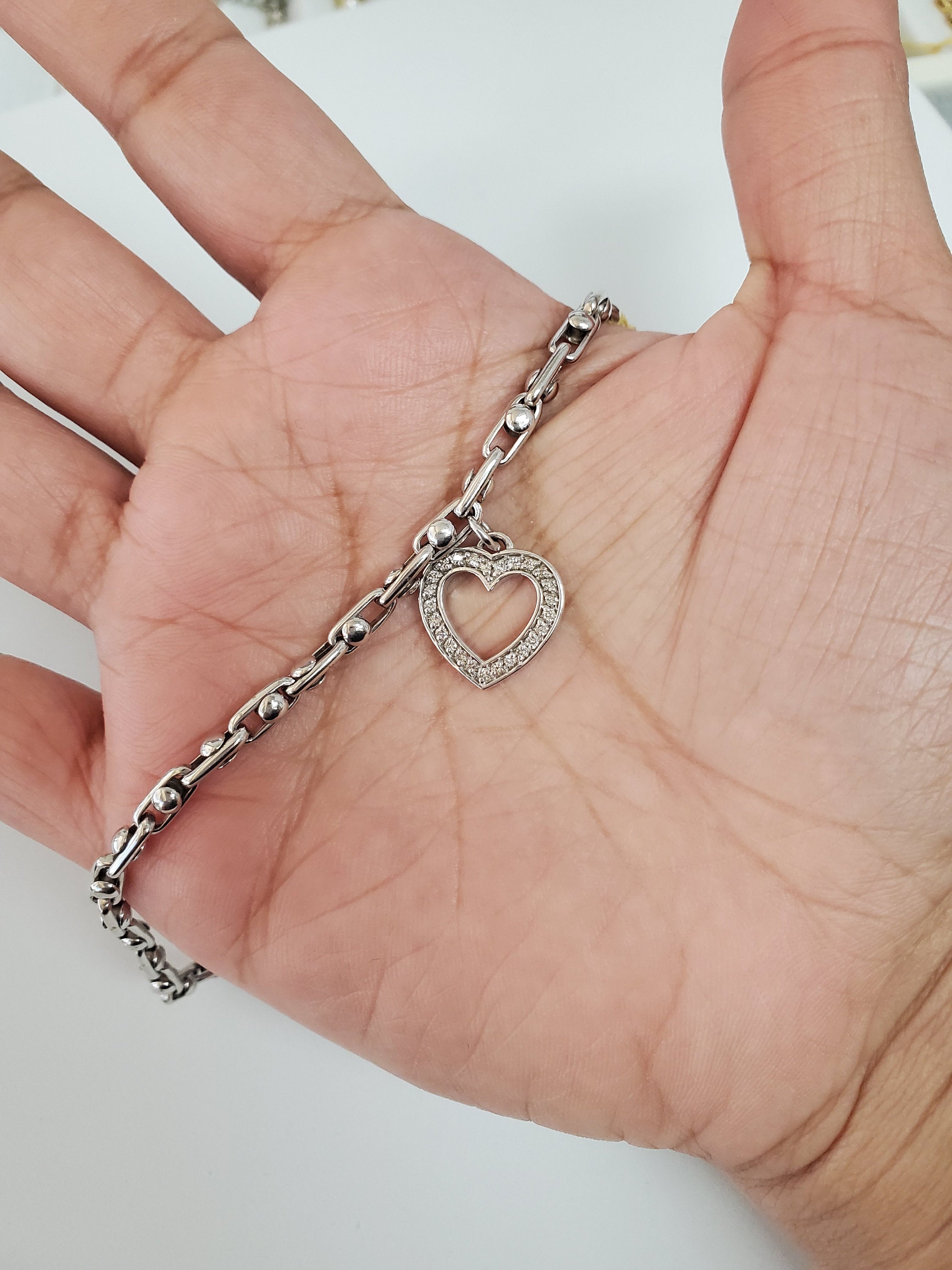 Charm Bracelet with Diamond Heart Charm .50cttw 14k White Gold