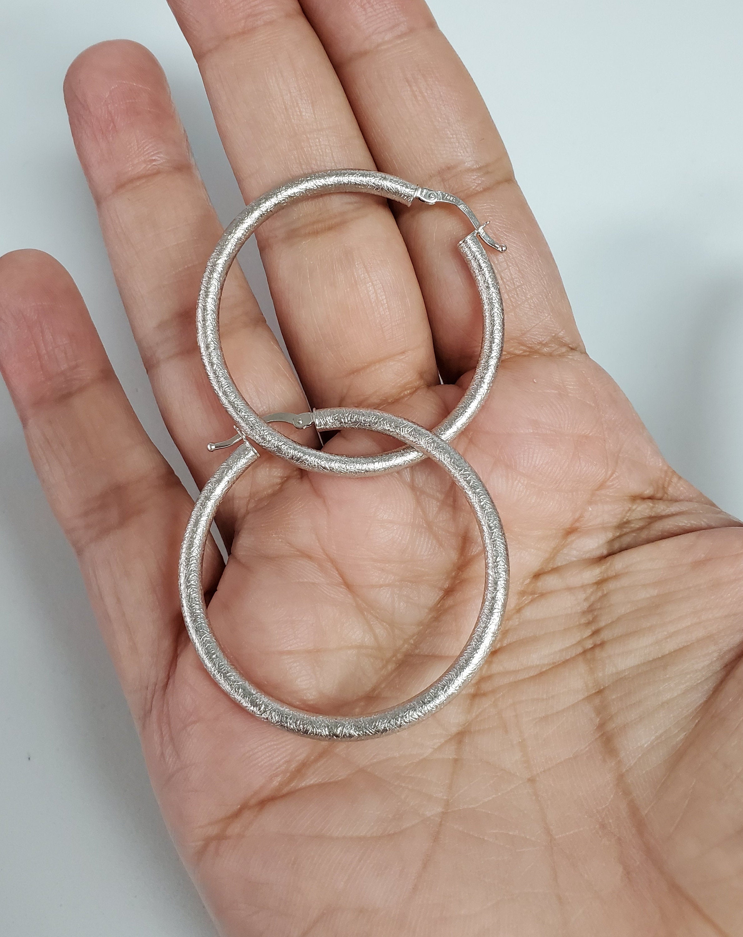 Sand Textured 14K White Gold Hoops 34mm or 40mm