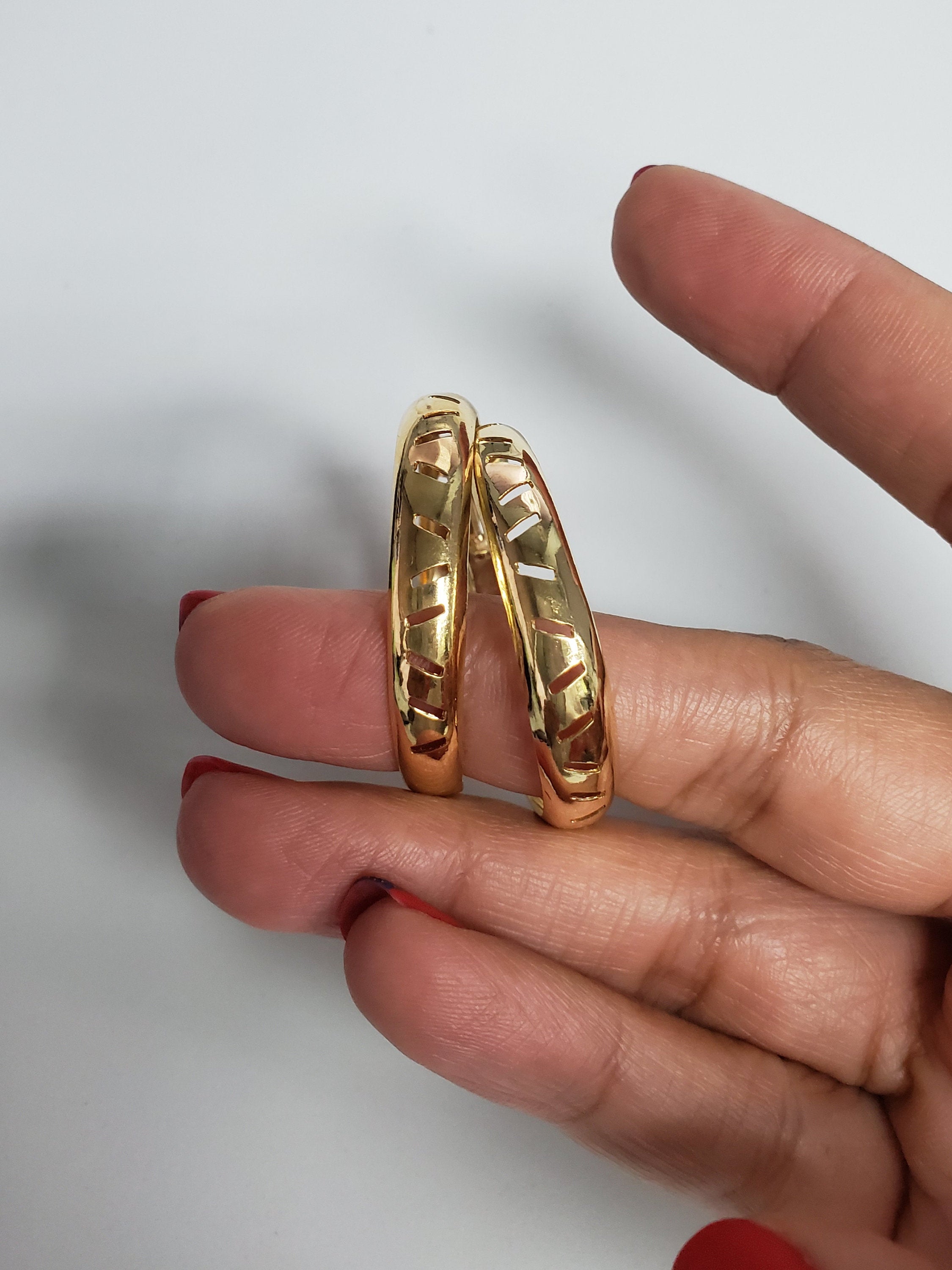 37MM Wide Curved Gold Hoops with Cuts 14k Yellow Gold