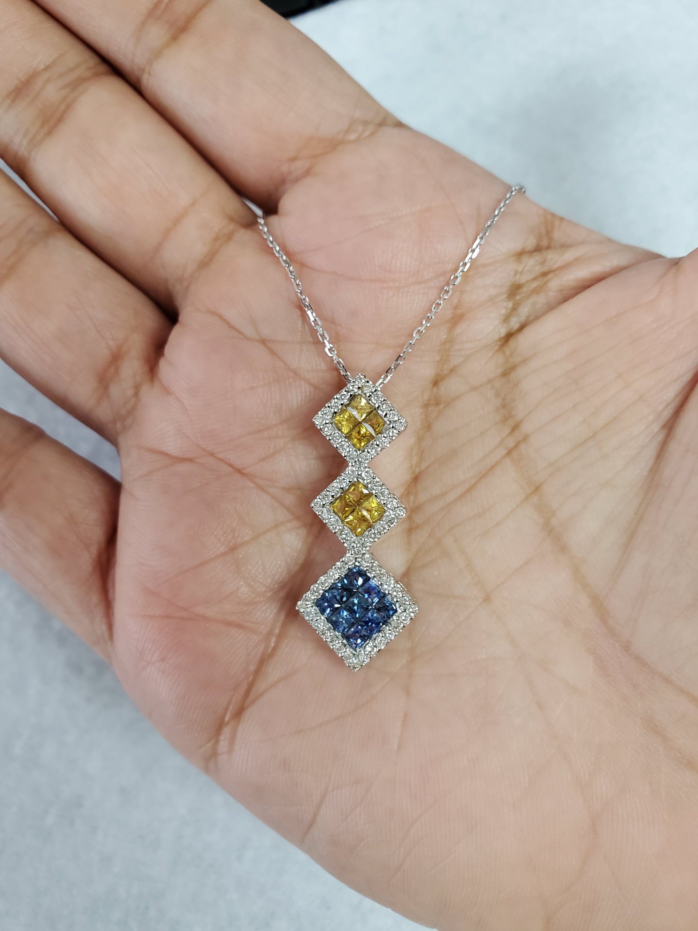 Citrine, Blue Topaz, & Diamond Pave Pendant 2.38cttw 14k White Gold