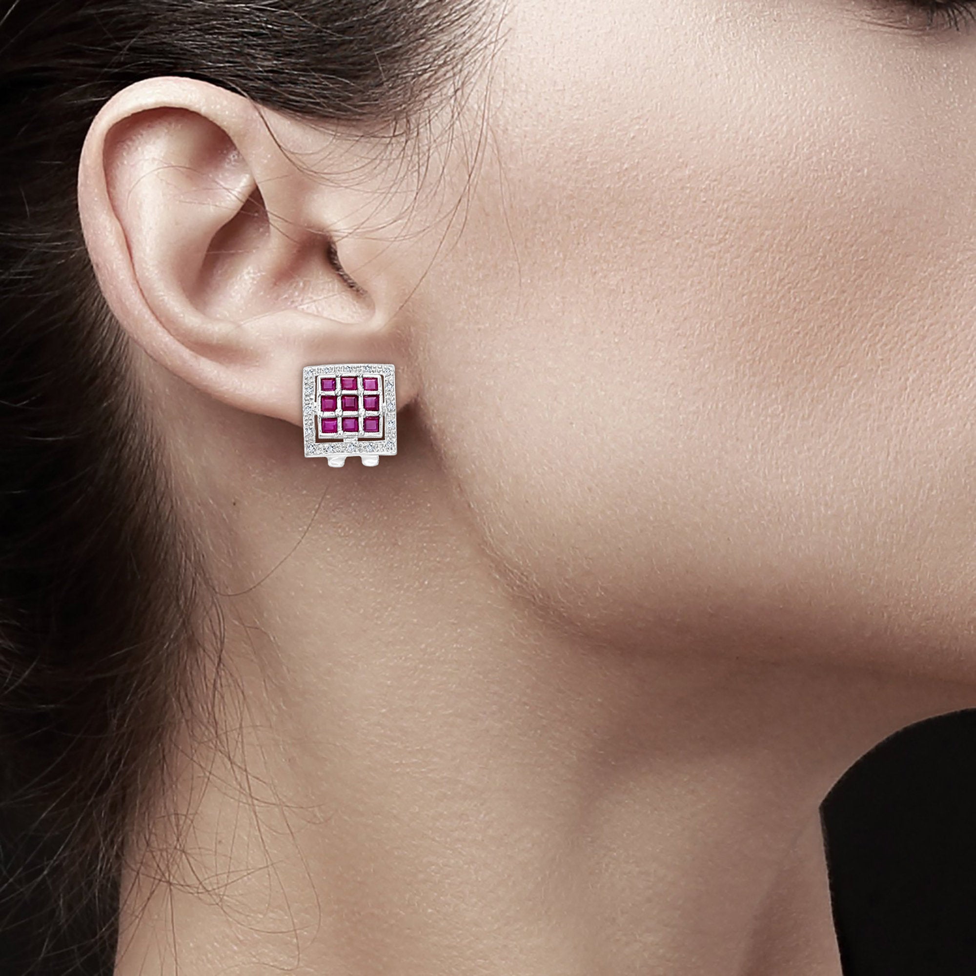 Square Pave Diamond Ruby Earrings 14k White Gold