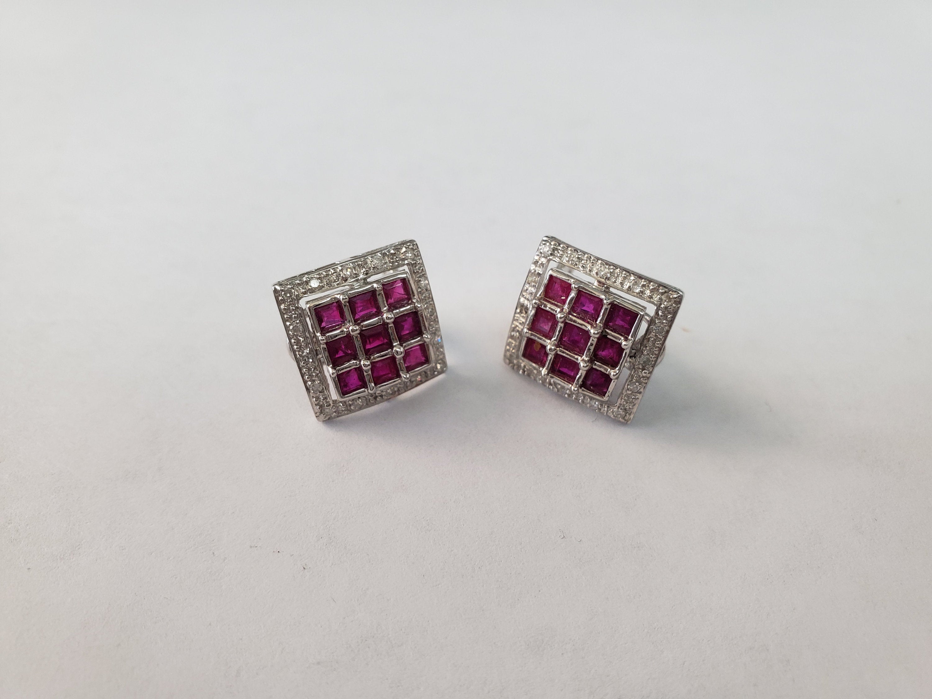 Square Pave Diamond Ruby Earrings 14k White Gold