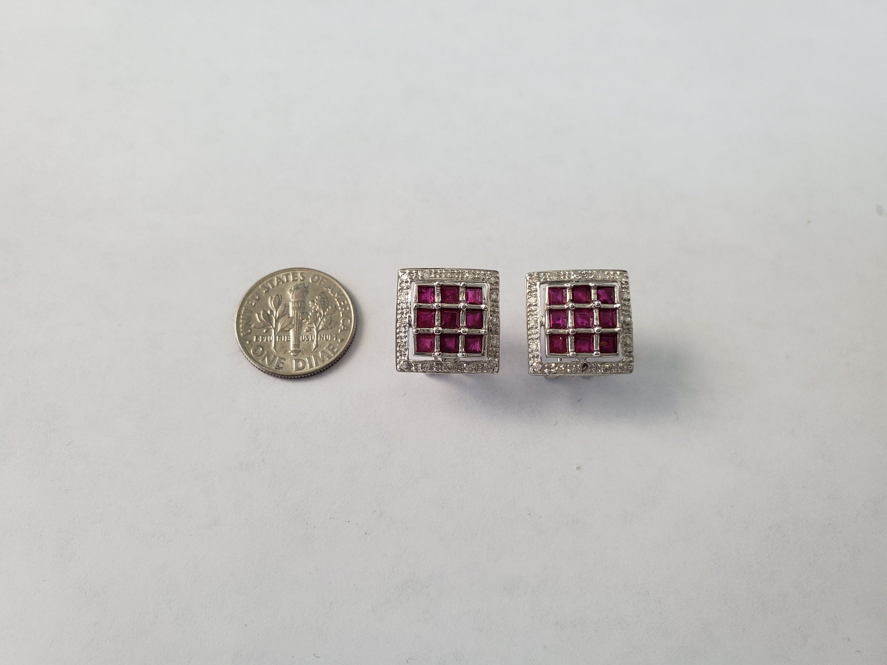 Square Pave Diamond Ruby Earrings 14k White Gold