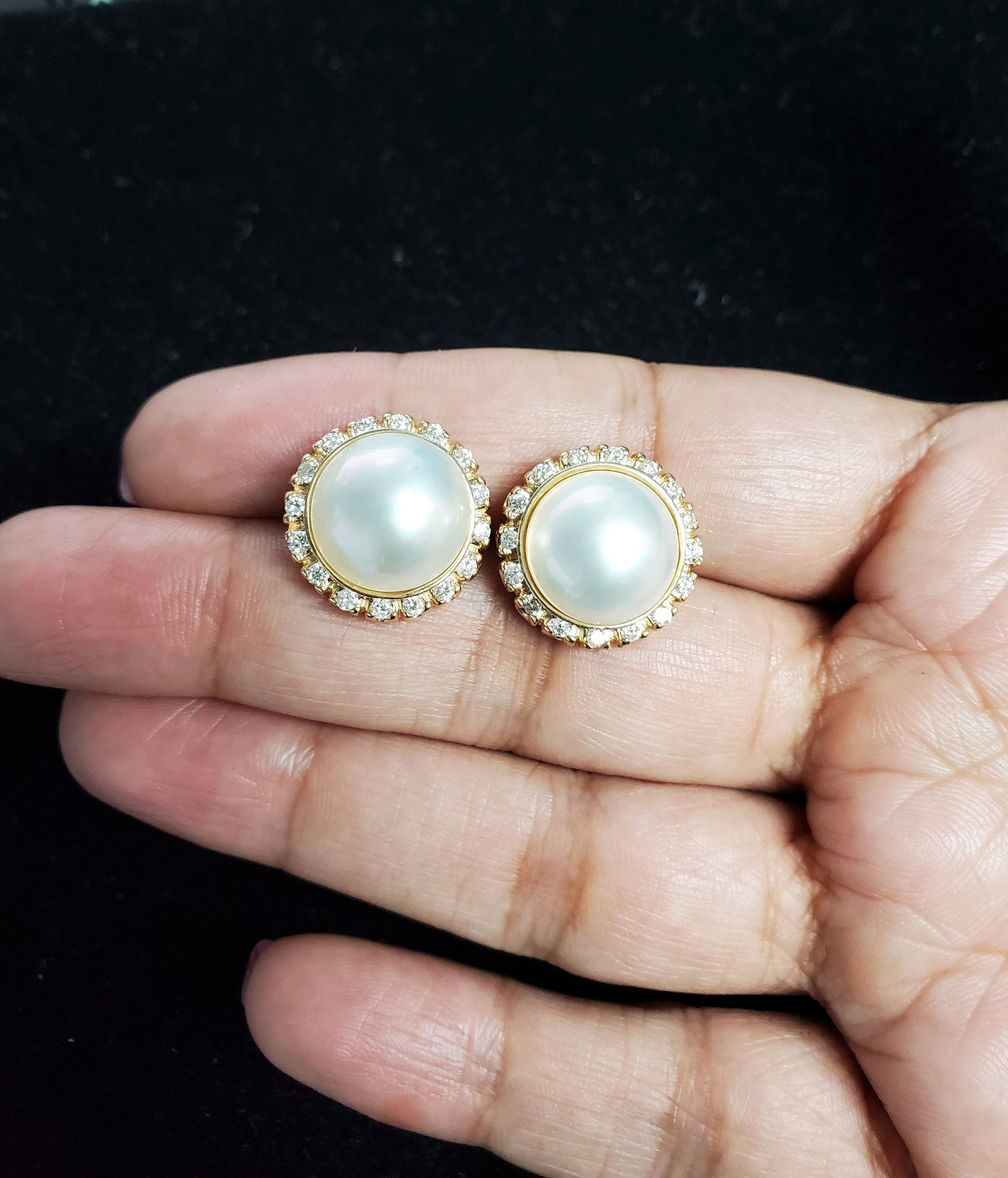 Freshwater Pearl Diamond Halo Earrings .75cttw 14k Yellow Gold