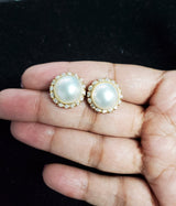 Freshwater Pearl Diamond Halo Earrings .75cttw 14k Yellow Gold