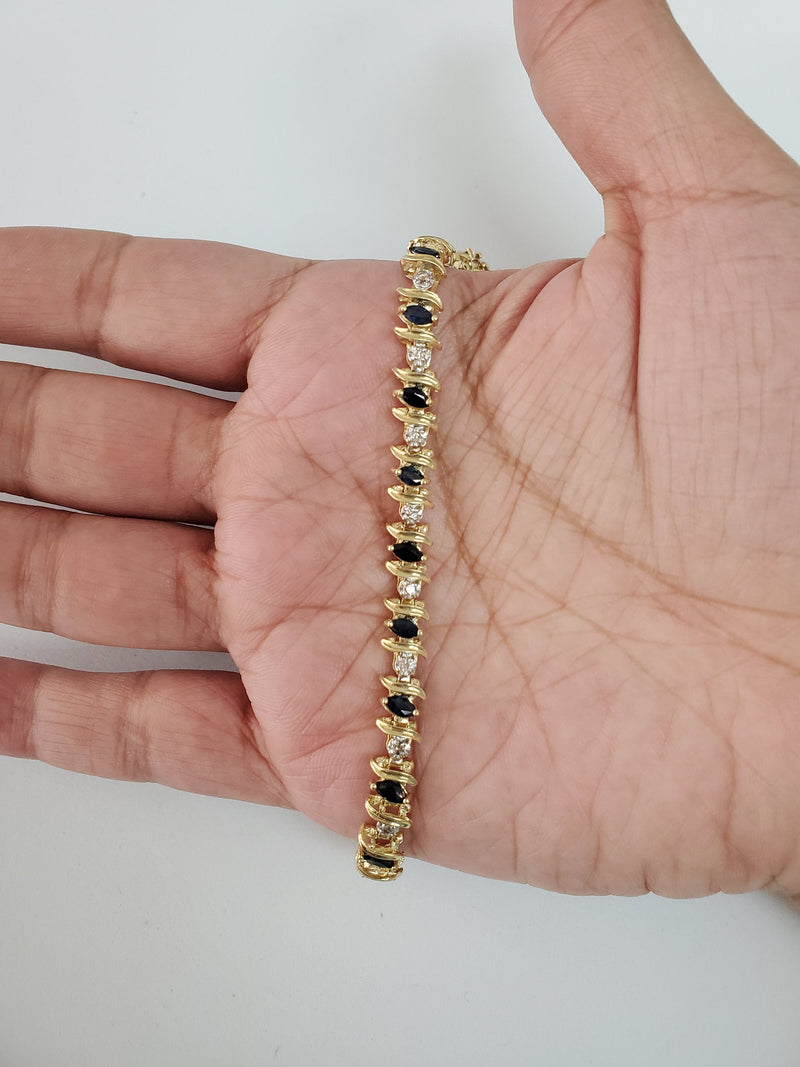 3 Carat S Style Marquise Sapphire Diamond Tennis Bracelet 14k Yellow Gold