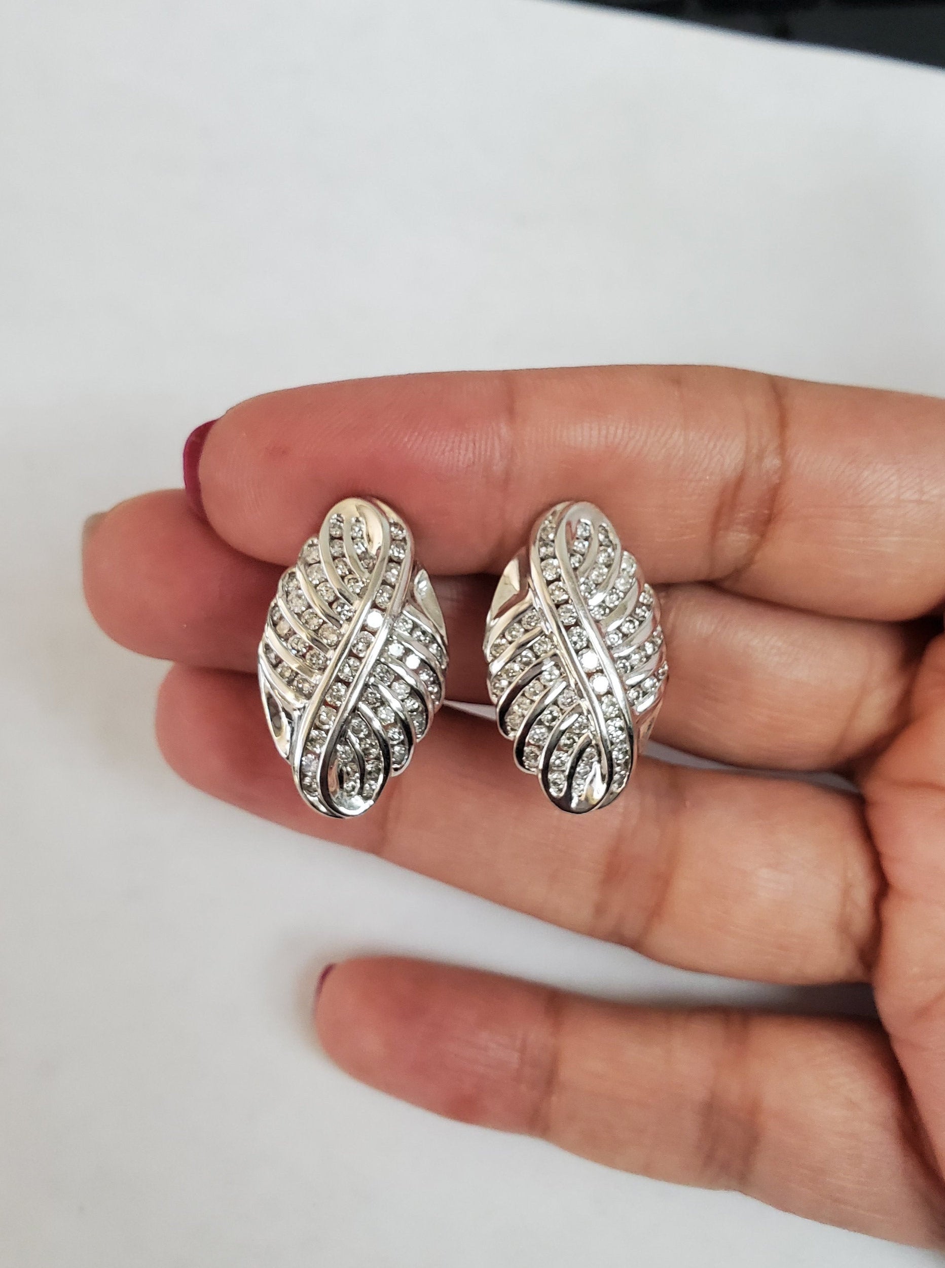 Diamond Cluster Leaf Design Earrings 2.07cttw 14k White Gold