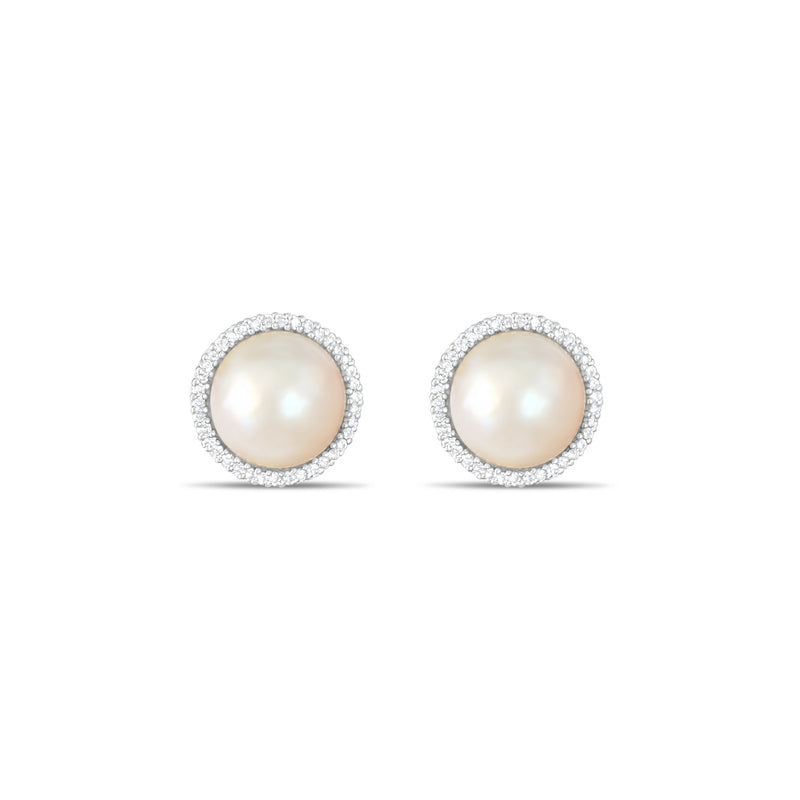 Pendientes con clip Omega con halo de diamantes y perla de agua dulce de 1 quilate