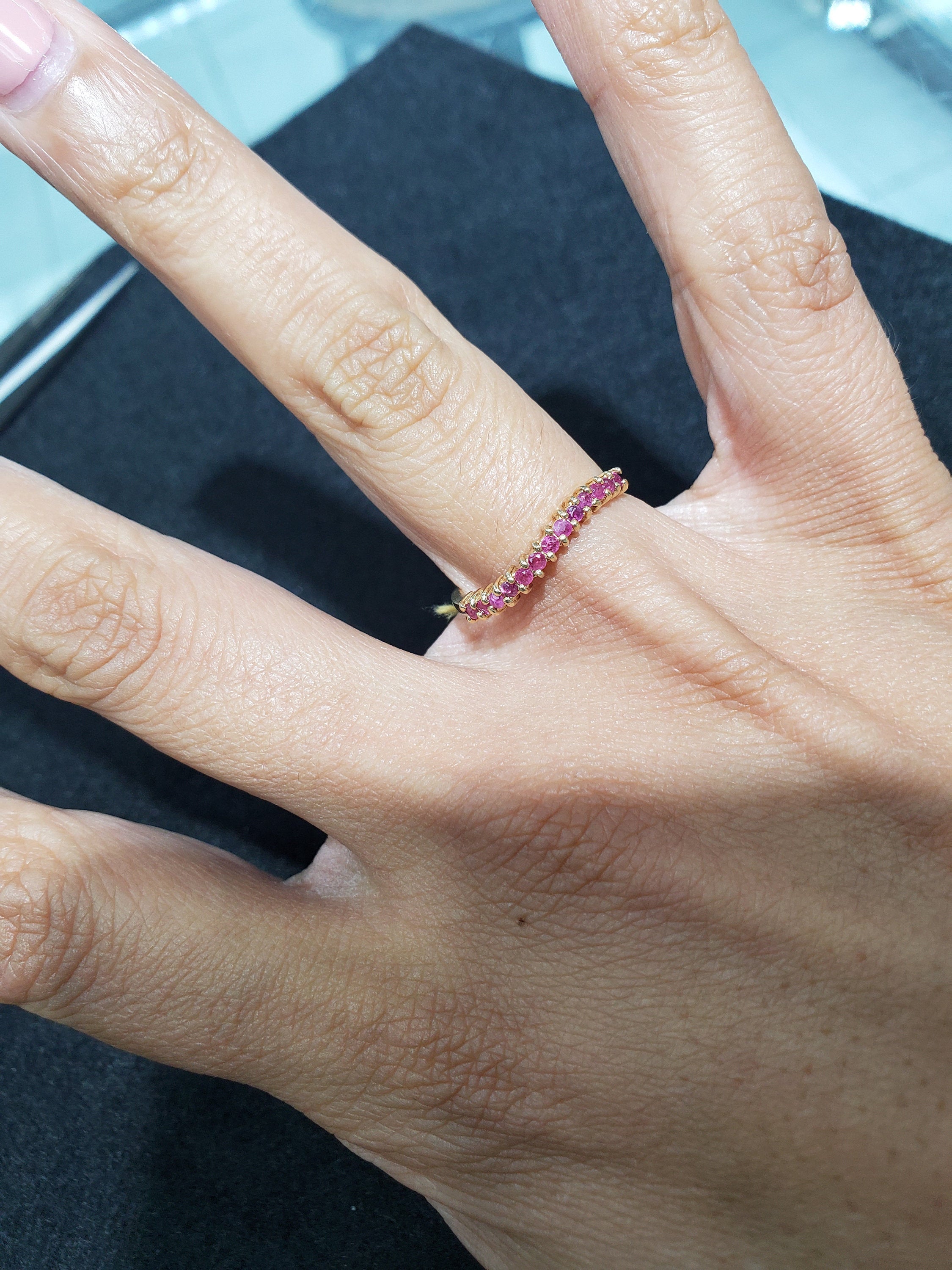 Curved Ruby or Sapphire Stackable Ring 10k Yellow Gold