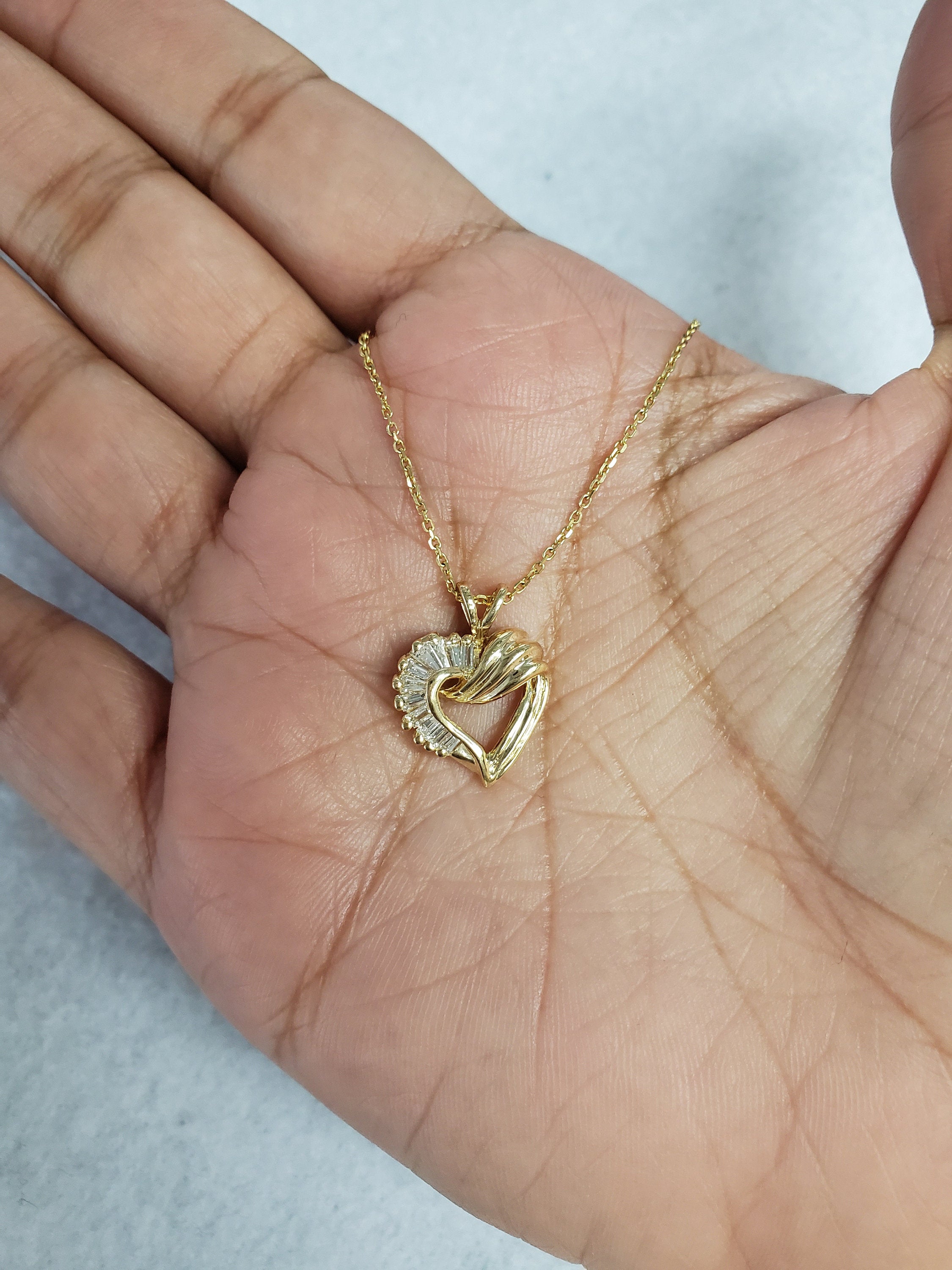 Baguette Diamond Heart Necklace .35cttw 14k Yellow Gold