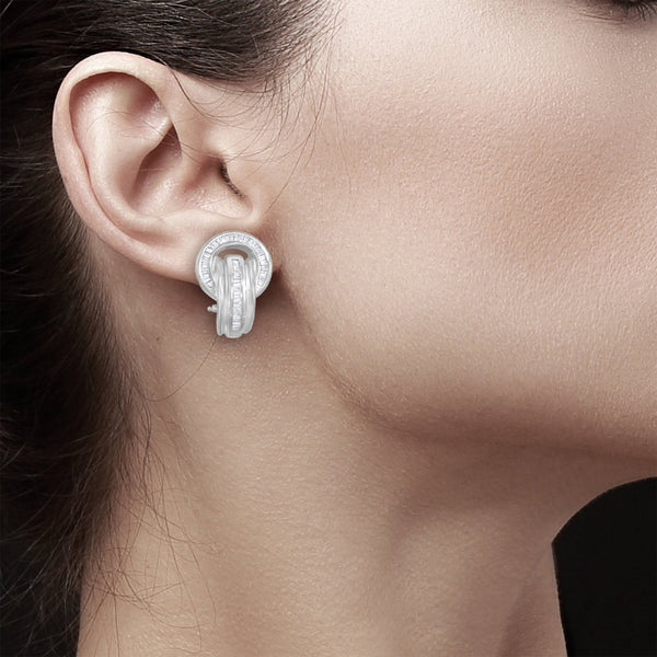 Baguette Knot Diamond Earrings 1.10cttw 14k White Gold